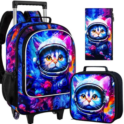 gxtvo Kids Rolling Backpack for Girls, Roller Wheeled Bookbag - Wheeled Elementary School Bag - 3PCS Cat - color: Space Cat Rolling Set
