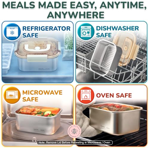 Everusely - Extra Large Stainless Steel Food Container + Snap Lock Lid - 68 oz - Airtight Food Storage Box - Meal Prep, Vegetables, Travel Lunch, Marinating Meat - Microwave, Oven, Refrigerator Safe - size: 2000mL
