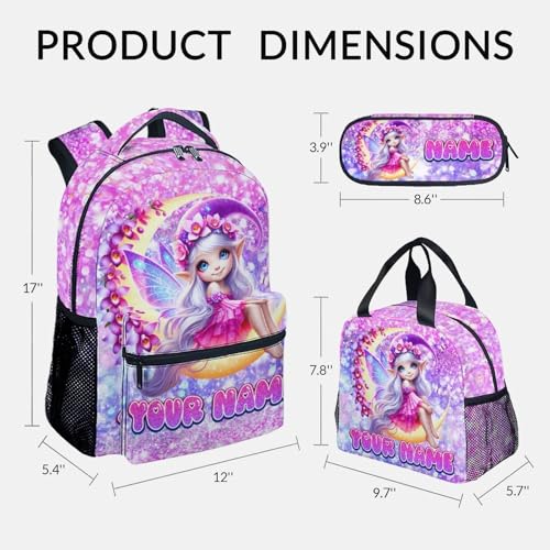 COZYAURA Girls School Backpack Personalized with Name - 3-Piece Backpack Set with Insulated Lunch Box & Pencil Case, Fairy Design for Kindergarten & Elementary Students - color: Pink