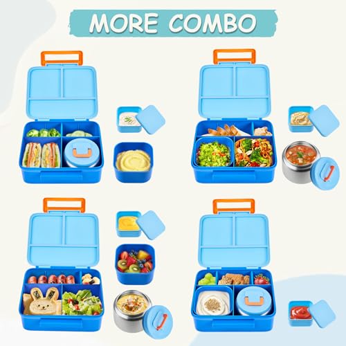Bento Lunch Box for Kids with 8oz Soup Thermo Leak-Proof Lunch Food Containers with Snack Sauce Container for Kid Girls Boys to School, Blue - color: Pure Blue