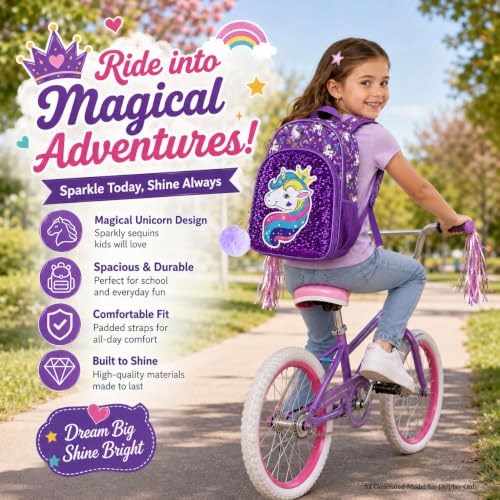 gxtvo 3PCS Girls Backpack, 16" Sequin Prechool Elementary Bookbag and Lunch Box - color: Unicorn Purple Hw