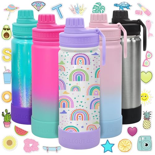 CHILLOUT LIFE 17oz Kids Insulated Stainless Steel Water Bottle with Leak Proof Spout Lid & 144 Stickers - color: Rainbows, style: 17 oz