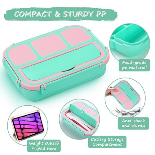 QQKO Bento Box for Kids Adults, School Toddler Lunch Box for Boys Girls, Lunch Box Containers with 4 Compartments, Sauce Container, Utensils, Food Picks and Muffin Cups for School, Pink Green - color: Pink Green