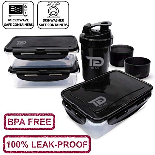 TO GO Meal Prep Bag Insulated Lunch Meals Bag W/6 Portion Control Containers,2 ICE PACKS, Shaker, Pill Box,With an Adjustable shoulder. bag for meals (Black)