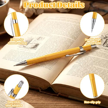 24 Pcs Mechanical Pencil, 0.9mm Metal Retractable Automatic Drafting Pencils Refills for Writing Drawing Sketching Illustration Signature (Yellow)