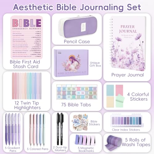 XKDOUS Bible Study Supplies Journaling Kit for Women, Bible Study Kit Journaling Supplies with Prayer Journal, Highlighters, Emergency Card, Pencil Case and More, Christian Gifts for Women, Purple - color: Bible Kit - Deluxe (Purple)