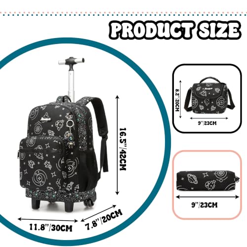 Kids Rolling Backpack for Boys 16.5" School Roller Backpack with Lunch Box, Toddler Backpacks with Wheels Rollig Wheeled Backpacks for Elementary School - color: Black Space