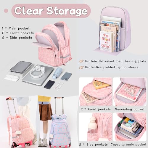Bansusu 3Pcs Kids Rolling Backpack for Girls with Lunch Bag, Lucky Leaf School Bag Girls Roller Backpack with 6 Wheels, Blue - color: 3pcs-6 Wheels-blue