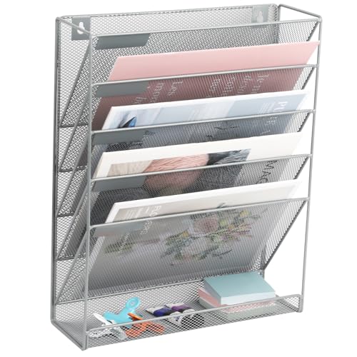 EASEPRES Desk File Organizer Mesh 6-Tier, Hanging Wall Mount Document Organization Stand, Desktop Vertical Mail Paper Folder Holder Rack with Bottom Tray for Office Home Cubicle Countertop, Gray - color: Gray, size: 6 Tier