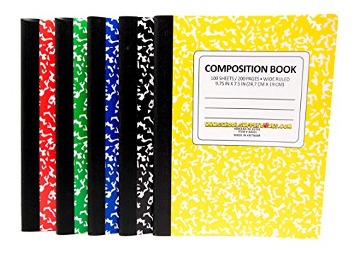 100 Sheet Composition Notebooks - School Supply Boxes - 5 Wide Ruled Writing Notebooks - 1 Black, 1 Red, 1 Green, 1 Blue, and 1 Yellow (Wide Ruled) - style: Wide Ruled