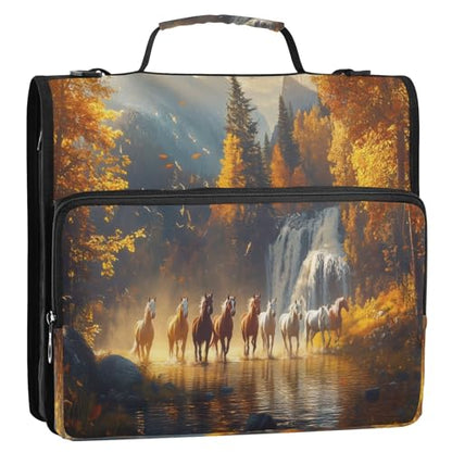Horses Zippered Binder Bag with Handle and Shoulder Strap, 1.5 inch 3 Ring D Ring Expanding File Folder Waterproof Multiple Pockets Organizer Binder