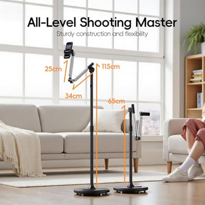 Floor Phone Stand for Recording, Overhead Phone Mount with Wheels and Weight Base, Free Rotation Aluminum Digital Heavy Duty Stand with Adjustable Angles & Height for Content Creation