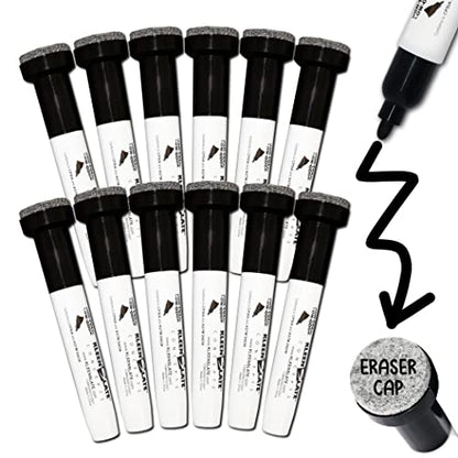 KleenSlate (12) Pack Large Black Dry Erase Markers with Eraser Cap, Round Point