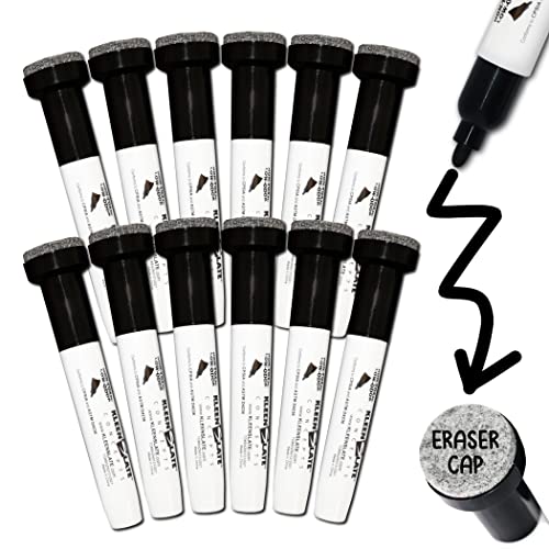 KleenSlate (12) Pack Large Black Dry Erase Markers with Eraser Cap, Round Point