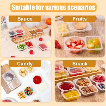 20 Pack Double Compartment Condiment Containers with Lids Reusable Leakproof Plastic Snack Containers for Sauce Dip Dressing Travel and Sampling Clear To-Go Dual Compartment Food Storage (Clear-20Pcs)
