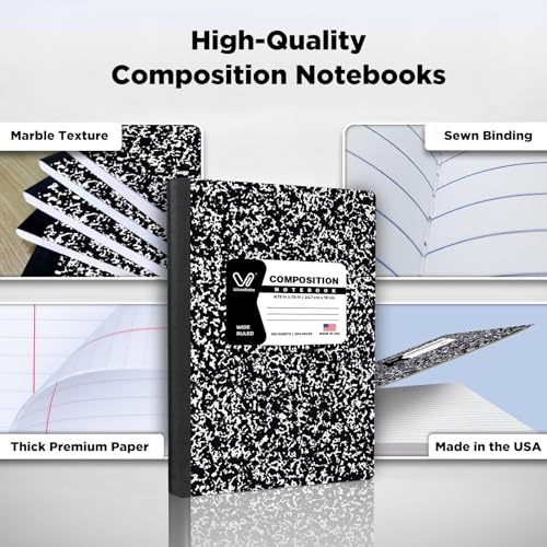 Woodlake Black Marble Composition Notebooks 4 Pack – 100 Sheets Wide Ruled 9.75" x 7.5", Sturdy Sewn Binding for School, College, Office Acid-Free Heavyweight Paper 200 Pages Made in USA - size: WIDE RULED-4 PACK