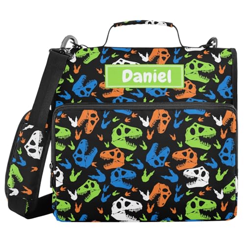 Custom Dinosaur Skull Black Print 3 Ring Zipper Binder with Shoulder Strap & Handle 1.5 Inch D-Ring Zippered Bag with Multiple Pocket, Personalized Binder Organizer for School or Office - color: Dinosaur Skull Black