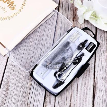 ABOOFAN 10pcs Metal Geometry Drawing Kit for Students and Engineers with 2 Compasses, Pencil, Rulers, Sharpener, and Eraser Practical Design and Accurate Scale for School Season