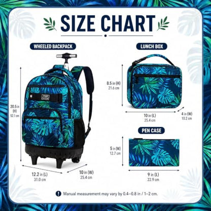 3Pcs Rolling Backpack for Boys Men, Travel Roller Backpacks with Wheels for Adults, Teens College Leaf Wheeled Bookbag with Lunch Box(Green) - color: Green Leaf