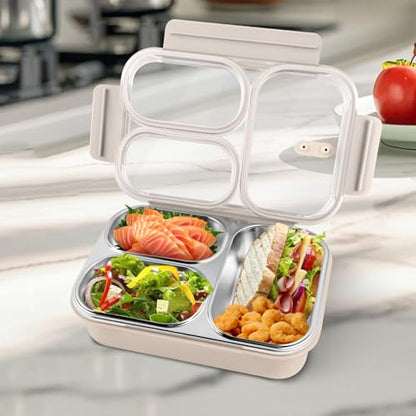 Stainless Steel Lunch Box, 3 Compartments Metal Bento Box for Kids, 25oz Lunch Container with Leakproof Lid, Divided Meal Prep Box for Adults, Kids - Ideal for Office, School, Healthy Eating - color: Cream Beige