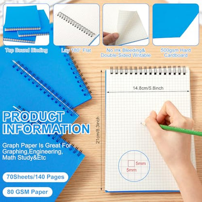 Engrowtic 2 Pack Graph Paper Spiral Notepad A5 Top Wirebound Notepad Grid Notebook Steno Pad Memo Notebook Grid Paper 140 Pages for Writing Sketching Drawing Office Supply (Light Blue) - color: Light Blue
