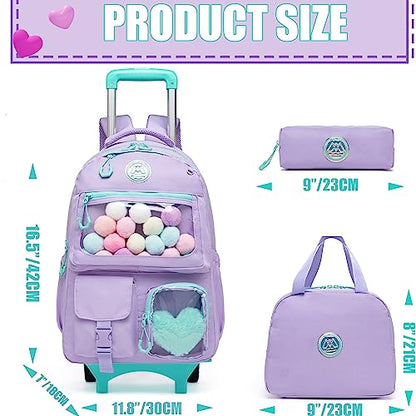 Rolling Backpack for Girls Kids Backpack with Wheels Backpacks for Elementary with Lunch Box Pencil Case Trolley Luggage - color: Purple