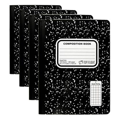 Top Flight Sewn Marble Composition Book, Black/White, Quad Rule, 4 Squares per Inch, 9.75 x 7.5 Inches, 100 Sheets (41320) (Pack of 4) - size: 100 Count (Pack of 4)