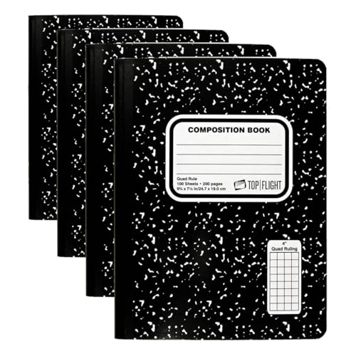 Top Flight Sewn Marble Composition Book, Black/White, Quad Rule, 4 Squares per Inch, 9.75 x 7.5 Inches, 100 Sheets (41320) (Pack of 4) - size: 100 Count (Pack of 4)