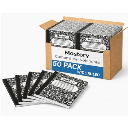 MOSTORY Pack of 50 Bulk Composition Notebooks - Wide Ruled 200 Pages (100 Sheets), Size 7.5" x 9.75", Bulk School Supplies, Office, Bulk Notebooks for School, Writing Journal Notebook with Lined Paper - size: 50 Pack