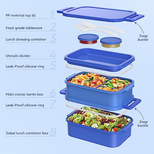 Jelife Adult Bento Lunch Box - 3 Layers Stackable Bento Lunch Box for Adults, 72oz Large All-in-One Bento Box Leak-Proof Lunch boxes with Utensil Sauce Containers, Ideal for Dining Out,Work, Blue - color: 4-Blue