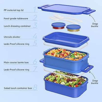 Jelife Adult Bento Lunch Box - 3 Layers Stackable Bento Lunch Box for Adults, 72oz Large All-in-One Bento Box Leak-Proof Lunch boxes with Utensil Sauce Containers, Ideal for Dining Out,Work, Blue - color: 4-Blue