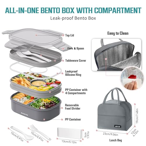 RIKDOKEN Bento Lunch Box, Stackable 2 Layers Containers with Compartments, Portable 64OZ Large Capacity Leakproof Bento Box with Spoon & Fork & Lunch Bag, Microwave Safe Lunch Box for Kids and Adults - color: Gray