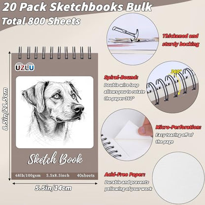20 Pcs Sketch Books Bulk 5.5 x 8.5 In 800 Sheets Top Spiral Bound Sketch Pad Drawing Paper 40 Sheets Each Acid Free Mixed Media Sketchbook 68lb/100gsm Art Supplies for Beginner Artist - size: 5.5x8.5in, style: Total 800 sheets-20pcs