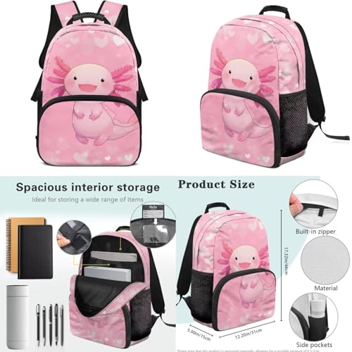 17 Inch Kid's 4PCS Backpack Set, Back to School Essentials | Insulated lunch box, water bottle pouch, pencil case, lightweight, padded shoulder straps, for elementary, middle school - color: Cute Axolotl-2