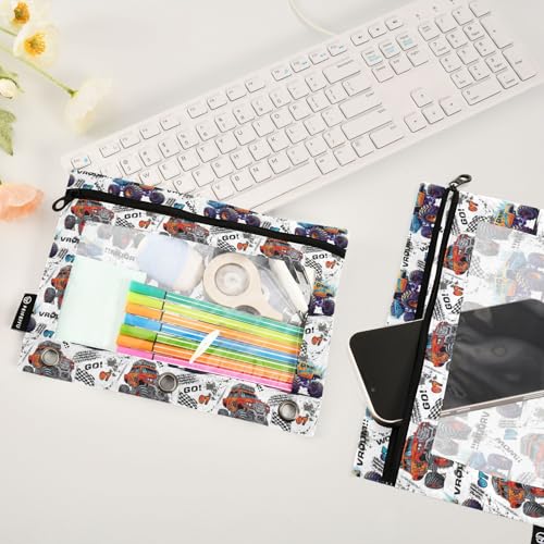 Monster Truck Pencil Pouch for 3 Ring Binder, Binder Pencil Pouches with Clear Window Zipper Pencil Case for Office College Supplies, 2PCS (B0316) - color: B0316