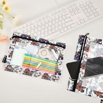 Monster Truck Pencil Pouch for 3 Ring Binder, Binder Pencil Pouches with Clear Window Zipper Pencil Case for Office College Supplies, 2PCS (B0316) - color: B0316