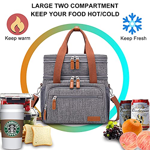 Weitars Lunch Bag for Women Men, Loncheras Para Mujer Dual Compartment Waterproof Reusable Large Lunch Box Wide-Open Cooler Tote Bag For Working Picnic Hiking (15L) (Gray(kahki)) - color: Gray(kahki)