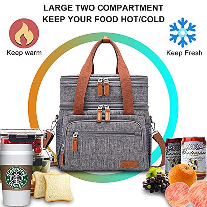 Weitars Lunch Bag for Women Men, Loncheras Para Mujer Dual Compartment Waterproof Reusable Large Lunch Box Wide-Open Cooler Tote Bag For Working Picnic Hiking (15L) (Gray(kahki)) - color: Gray(kahki)