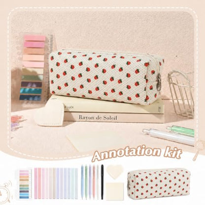 22Pcs Book Annotation Kit Aesthetic Pencil Case with Supplies School Annotation Supplies Gel Pen Transparent Sticky Note Taking Bible Study College Stationery Supplie (White Strawberry Dot) - color: White Strawberry Dot