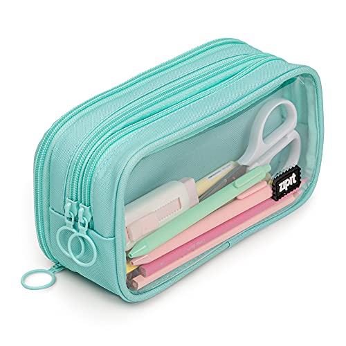 ZIPIT Half & Half Pencil Case, 3 Compartment Zipper Pouch for School, Stationery Bag for Teen Girls Boys and Adults, Mint - color: Mint