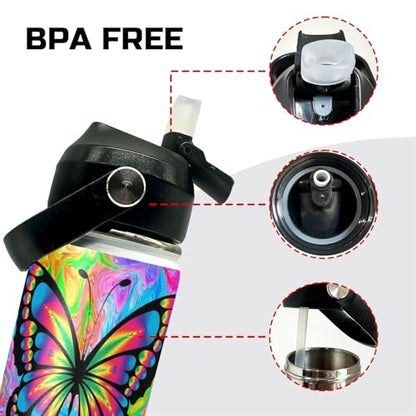 Butterfly Kids Water Bottle 12oz Stainless Steel Insulated Bottle Vacuum Leak Proof Straw Lid with Double Wall BPA Free School (Color3) - color: Color3