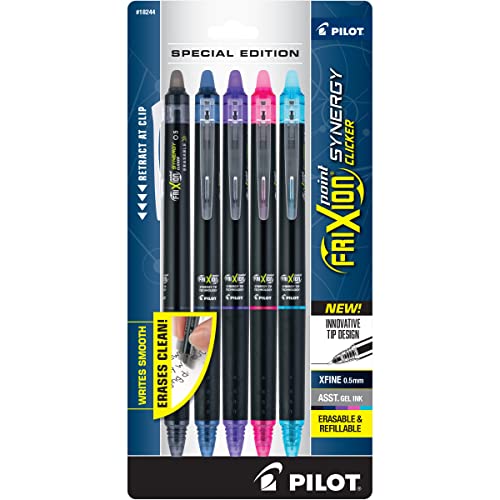 Pilot FriXion Synergy Clicker Erasable, Refillable, Retractable Gel Ink Pens, Extra Fine Point 0.5 mm, Pack of 5, Assorted Colors, FriXion Erasable Pens 0.5 - Ideal for School & Office Writing - color: Assorted 5
