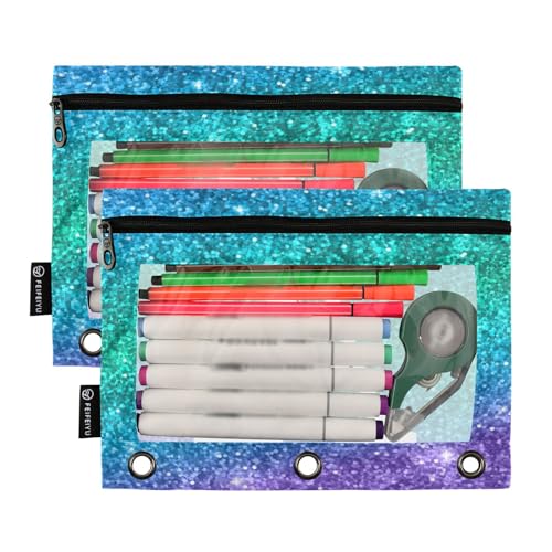 Personalized Pencil Pouch for 3 Ring Binder Glitter Blue Green Violet Custom Pencil Pouches Case Binder Cosmetic Bag 2 Pack for Office School College Supplies - color: Glitter Blue Green Violet