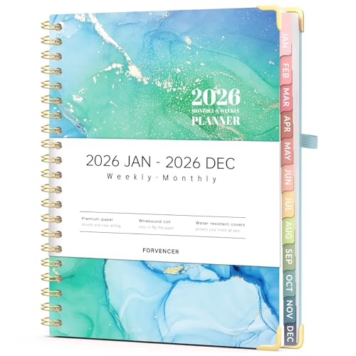 Forvencer 2026 Planner, Weekly and Monthly Calendar Planner for Women, Jan 2026 - Dec 2026, 8.5" x 11", Hardcover Planning Agenda book with Monthly Tabs, Spiral Bound, Inner Pocket, Cute Journal Organizer Notebook for Office School, A4 Size, Green - color