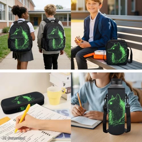 Green Galaxy Wolf Backpack for Girls Boys Backpack with Lunch Box for Boys Set of 4 School Backpacks Matching Combo Back to School Gifts and Pencil Case Pouch for Teens Children Ages 6-12 - color: Cool Green Galaxy Wolf