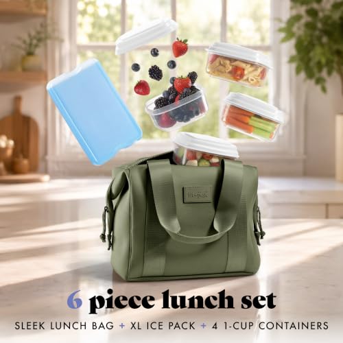 Fit & Fresh Remi Lunch Bag for Women Work – Neoprene Lunch Tote with Containers & Ice Pack, Reusable Meal Prep Lunch Box, Large Capacity, Machine Washable - color: Olive Green