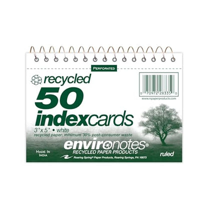 Roaring Spring Wirebound Spiral Bound Recycled Index Cards 3"x5", 50 Count, 100# White Paper, Narrow Ruled, Perforated, Blank on Back, Snag-proof (Pack of 1) - size: 3"x5" (Pack of 1), style: 50 Count