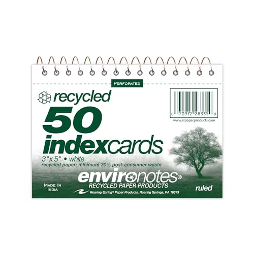 Roaring Spring Wirebound Spiral Bound Recycled Index Cards 3"x5", 50 Count, 100# White Paper, Narrow Ruled, Perforated, Blank on Back, Snag-proof (Pack of 1) - size: 3"x5" (Pack of 1), style: 50 Count