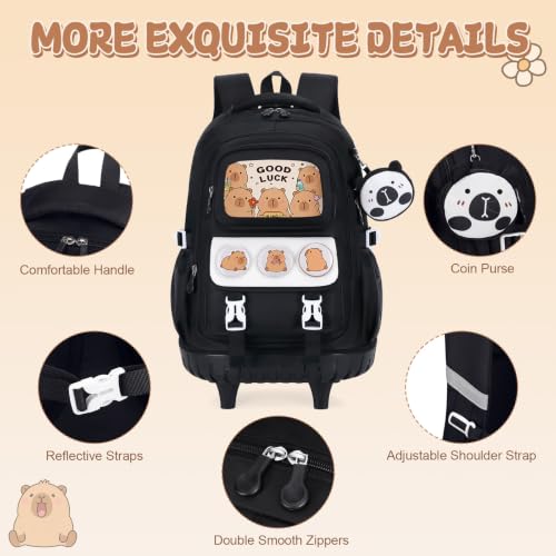 Capybara Rolling Backpack for Girls - 3PCS Girls Backpack Kids Suitcase with Lunch Box & Pencil Case Travel - Capybara Backpack with Wheels for Kindergarten Preschool Elementary (Black) - color: Black