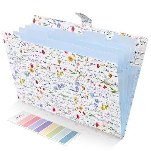 SKYDUE Accordion File Organizer, Floral Expanding File Folders with 5 Pockets, Cute Document Organizer for Paper Bills Receipt Storage, School Office & Hospital Supplies Letter/A4 Size Fresh White - color: White Blue